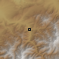 Shaded relief of the 54 km around Farẖar, drawn from the GMTED2010 grid
