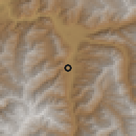 Shaded relief of the 54 km around Jurm, drawn from the GMTED2010 grid
