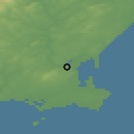 Shaded relief of the 49 km around Barntown, drawn from the GMTED2010 grid