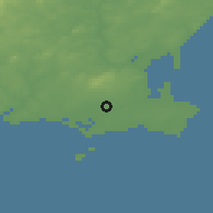 Shaded relief of the 49 km around Bridgetown, drawn from the GMTED2010 grid