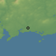 Shaded relief of the 49 km around Danescastle, drawn from the GMTED2010 grid