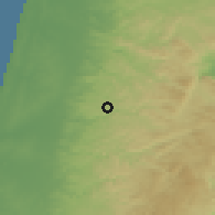 Shaded relief of the 56 km around Qarne Shomeron, drawn from the GMTED2010 grid