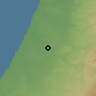 Shaded relief of the 56 km around Qiryat 'Eqron, drawn from the GMTED2010 grid