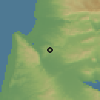 Shaded relief of the 56 km around Basmat Tab'un, drawn from the GMTED2010 grid