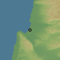 Shaded relief of the 56 km around Qiryat Yam, drawn from the GMTED2010 grid