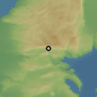 Shaded relief of the 56 km around Rame, drawn from the GMTED2010 grid