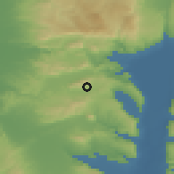 Shaded relief of the 56 km around Tur'an, drawn from the GMTED2010 grid