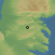 Shaded relief of the 56 km around Uzeir, drawn from the GMTED2010 grid