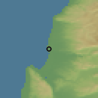 Shaded relief of the 56 km around 'Akko, drawn from the GMTED2010 grid
