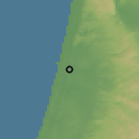 Shaded relief of the 56 km around H̱adera, drawn from the GMTED2010 grid