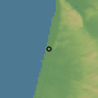 Shaded relief of the 56 km around Jisr Az-Zarqa, drawn from the GMTED2010 grid