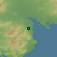 Shaded relief of the 54 km around Capoterra, drawn from the GMTED2010 grid