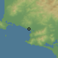 Shaded relief of the 52 km around Follonica, drawn from the GMTED2010 grid