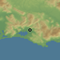 Shaded relief of the 53 km around Fondi, drawn from the GMTED2010 grid