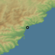 Shaded relief of the 52 km around Loano, drawn from the GMTED2010 grid