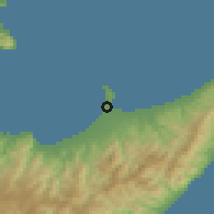 Shaded relief of the 54 km around Milazzo, drawn from the GMTED2010 grid