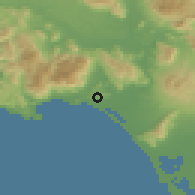 Shaded relief of the 53 km around Minturno, drawn from the GMTED2010 grid