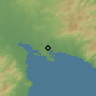Shaded relief of the 54 km around Monserrato, drawn from the GMTED2010 grid