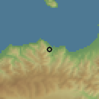 Shaded relief of the 54 km around Patti, drawn from the GMTED2010 grid
