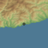 Shaded relief of the 52 km around San Remo, drawn from the GMTED2010 grid