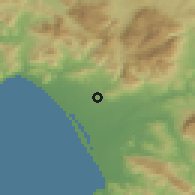 Shaded relief of the 53 km around Battipaglia, drawn from the GMTED2010 grid