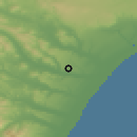 Shaded relief of the 53 km around Bernalda, drawn from the GMTED2010 grid