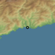 Shaded relief of the 52 km around Ventimiglia, drawn from the GMTED2010 grid