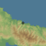 Shaded relief of the 59 km around Buff Bay, drawn from the GMTED2010 grid