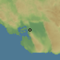 Shaded relief of the 59 km around Lacovia, drawn from the GMTED2010 grid