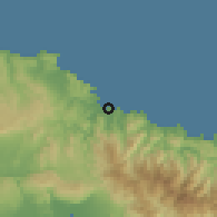 Shaded relief of the 59 km around Anotto Bay, drawn from the GMTED2010 grid