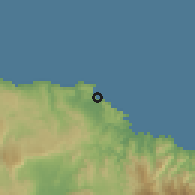 Shaded relief of the 59 km around Port Maria, drawn from the GMTED2010 grid