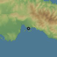 Shaded relief of the 59 km around Port Royal, drawn from the GMTED2010 grid