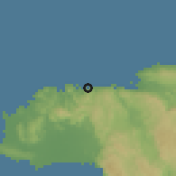 Shaded relief of the 59 km around Sandy Bay, drawn from the GMTED2010 grid