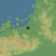 Shaded relief of the 55 km around Fukuoka, drawn from the GMTED2010 grid