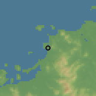 Shaded relief of the 55 km around Fukutsu, drawn from the GMTED2010 grid