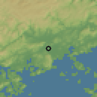 Shaded relief of the 55 km around Fukuyama, drawn from the GMTED2010 grid