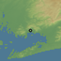 Shaded relief of the 55 km around Gamagōri, drawn from the GMTED2010 grid