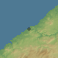Shaded relief of the 55 km around Gōtsu, drawn from the GMTED2010 grid