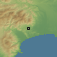 Shaded relief of the 55 km around Hadano, drawn from the GMTED2010 grid
