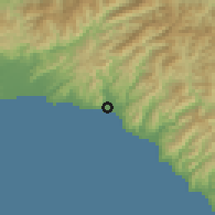 Shaded relief of the 55 km around Aki, drawn from the GMTED2010 grid