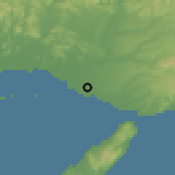 Shaded relief of the 55 km around Harima, drawn from the GMTED2010 grid