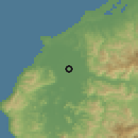 Shaded relief of the 55 km around Harue, drawn from the GMTED2010 grid