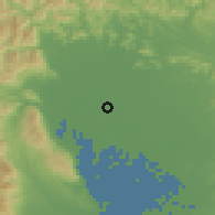 Shaded relief of the 55 km around Hashima, drawn from the GMTED2010 grid