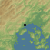 Shaded relief of the 55 km around Hatsukaichi, drawn from the GMTED2010 grid