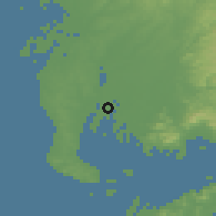 Shaded relief of the 55 km around Hekinan, drawn from the GMTED2010 grid