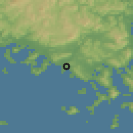 Shaded relief of the 55 km around Hikari, drawn from the GMTED2010 grid