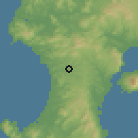 Shaded relief of the 56 km around Hioki, drawn from the GMTED2010 grid