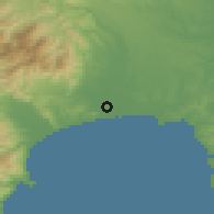 Shaded relief of the 55 km around Hiratsuka, drawn from the GMTED2010 grid