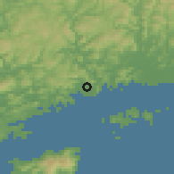 Shaded relief of the 55 km around Akō, drawn from the GMTED2010 grid