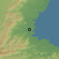 Shaded relief of the 55 km around Hisai, drawn from the GMTED2010 grid